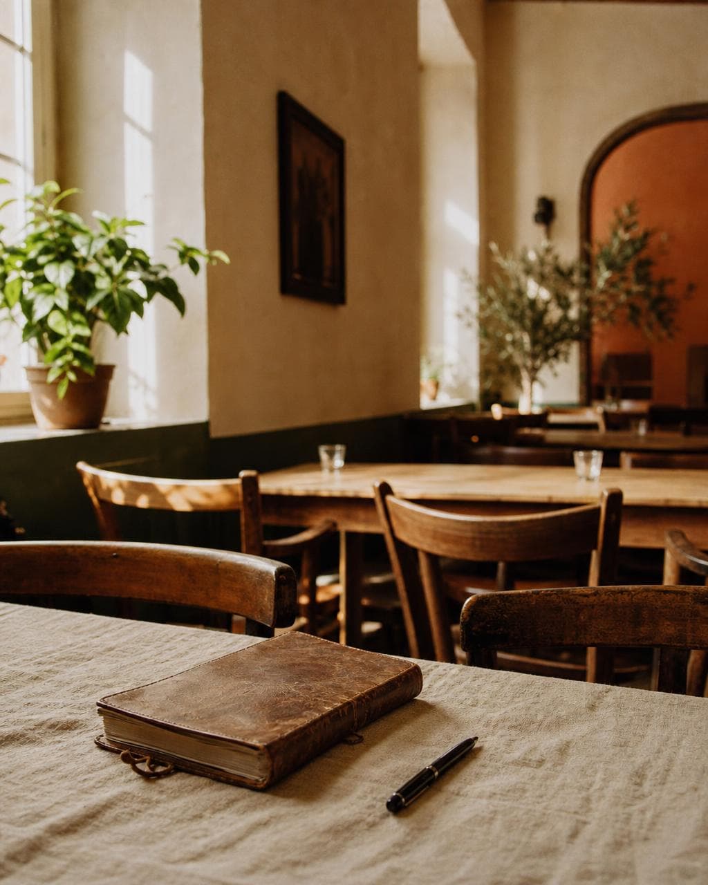 Der Gastraum eines Restaurants, für den Service eingedeckt