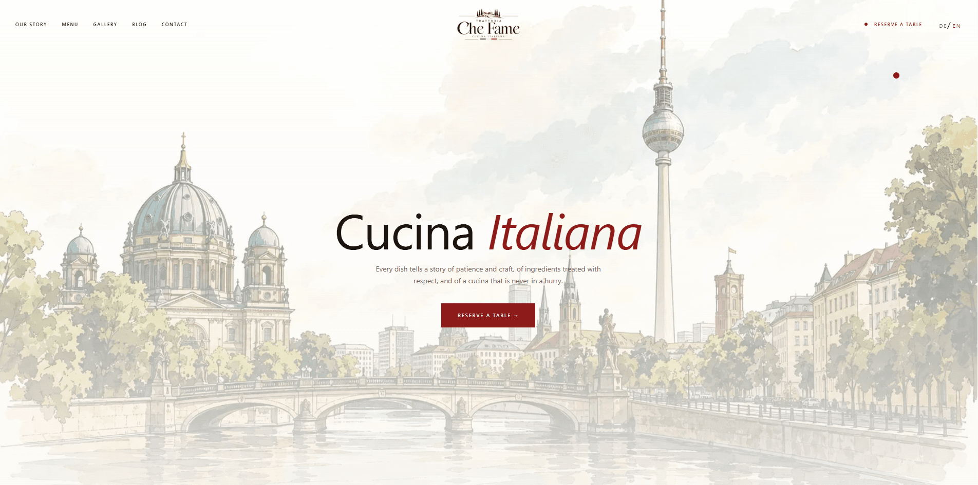 Startseite der Trattoria Che Fame auf einem Desktop-Bildschirm