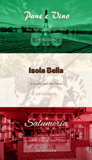 Einstiegsseite von Pane e Vino auf einem Smartphone
